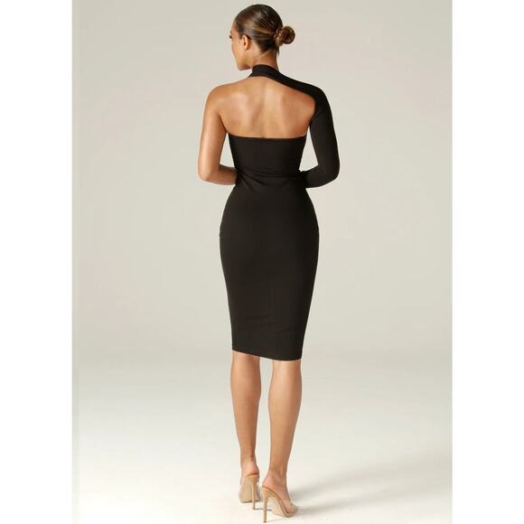 EUC Alieva Dasha Black One Shoulder Midi Dress Size Small Asymmetrical Bodycon - Picture 5 of 14